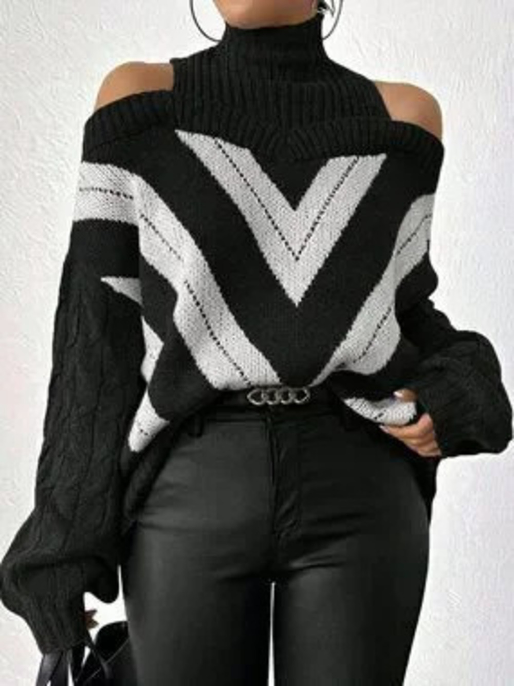 Black Casual Women's Loose Fit Stand Collar Cut Out Cold Shoulder Pullovers - Picture 6 of 9